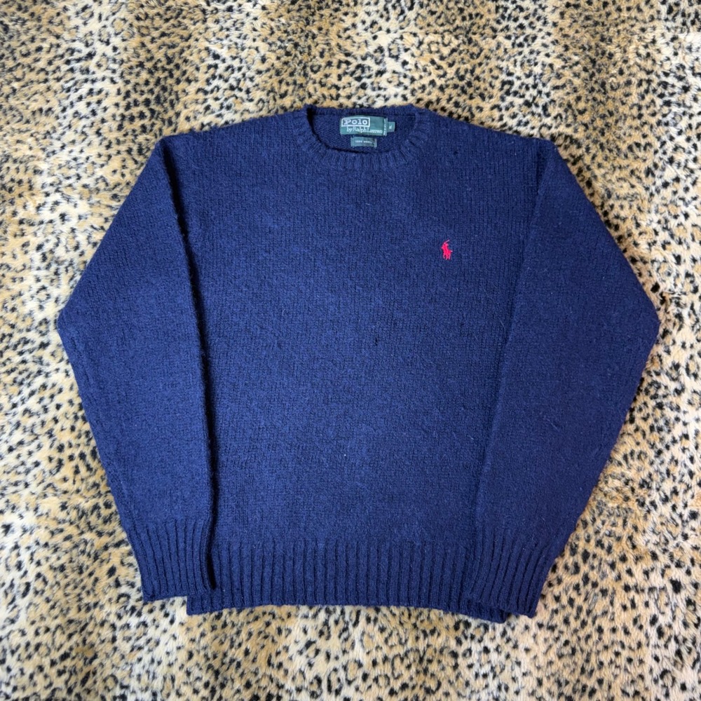 Polo Ralph Lauren Navy Blue 100% Wool Crewneck Sweater Mens XL Red Pony Logo